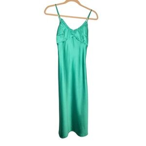 Japna XS Green Satin Slip Dress Ruffled Side Slit Babydoll Y2k 90s Indie Fairy